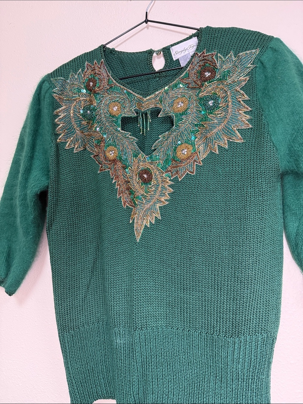 Embroidered, bugle beaded, Elegant Green Sweater - Tropical Garden Detail